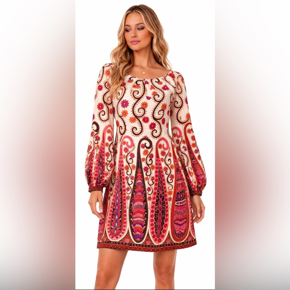 Milly 100% Silk Paisley Pink Floral Shift Dress USA Boho Cream Orange Lined S‎ M